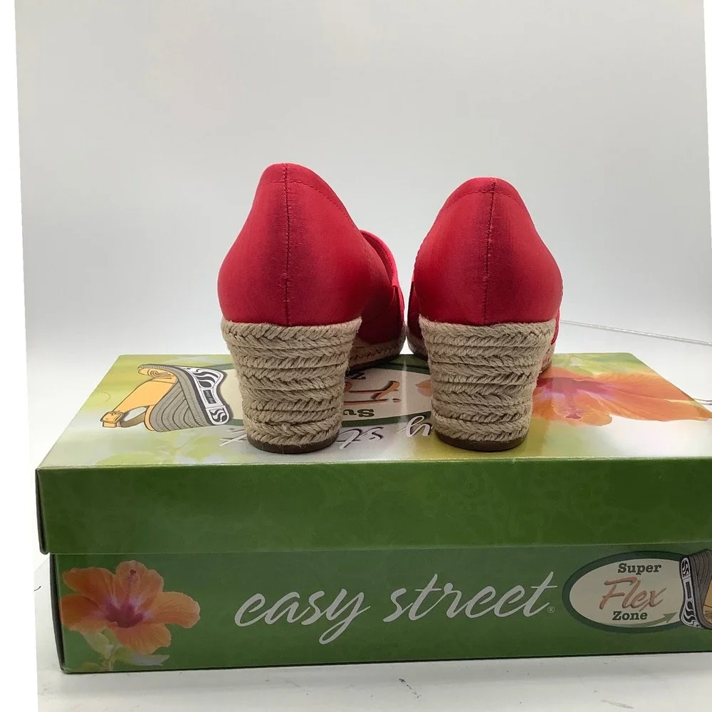 Easy Street Red Fabric Peep Toe‎ Espadrille Wedge Sandals Womens 8.5W 8 1/2 W